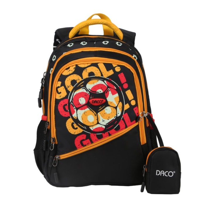 Daco iskolatáska, 38x30x17 cm-es méret, Gool modell, állítható pántokkal és négy cipzárral, poliészter anyag, fekete színű