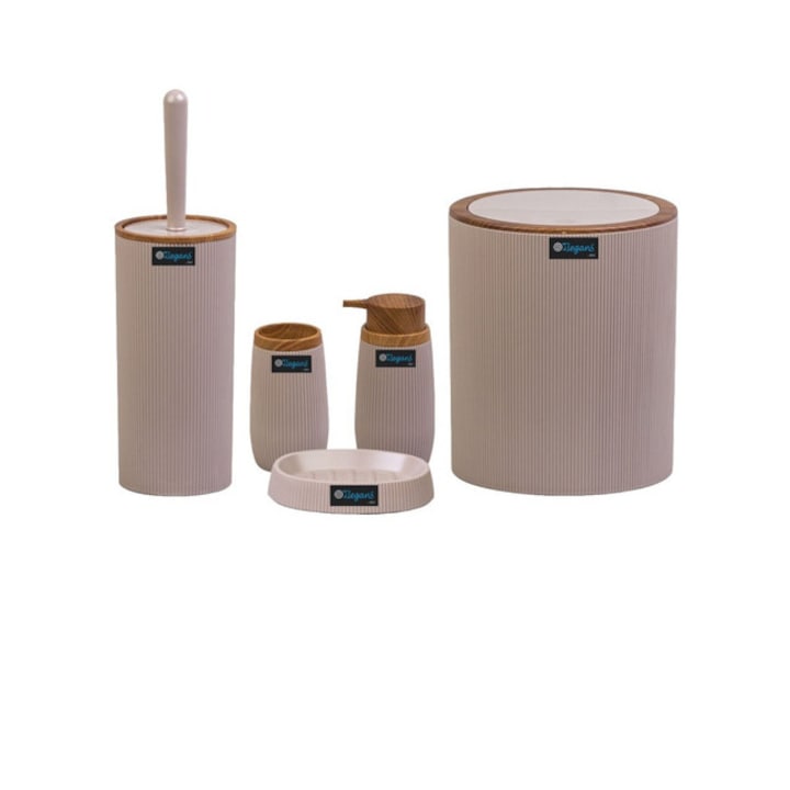 Комплект за баня от 5 части, Emir, PVC, Бежов, Дървесен мотив, OKY478-3B