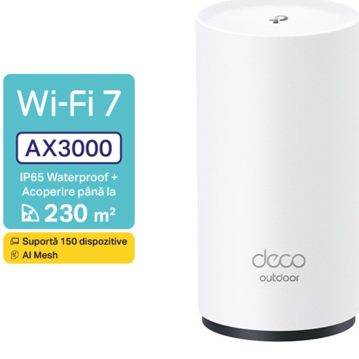 Router Mesh Wireless TP-Link Deco X50-Outdoor(1-pack), Dual-Band, Wi-Fi 6 , Gigabit, AX3000, de exterior, cu acoperire completa pentru casa, Seamless Roaming, Antivirus, Control Parental si Control Vocal