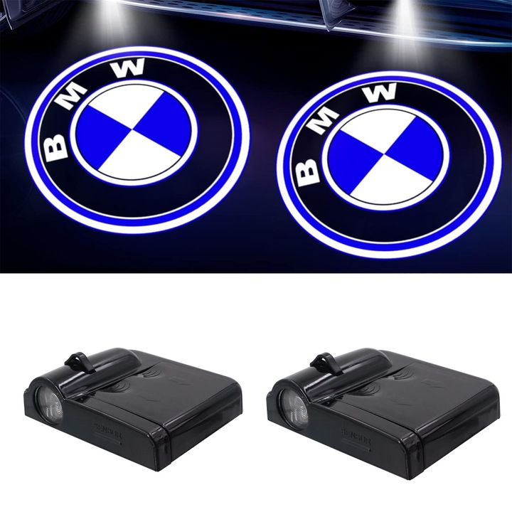 Set 2 proiectoare logo “BMW”, NUODWELL, Lumina LED pentru usa, comutator inteligent cu senzor, holograma auto, proiectie HD, suport cu banda dublu, 6,7x6,5 cm, negru