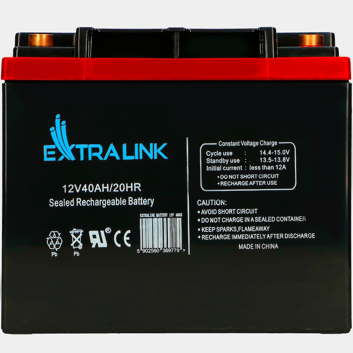 Baterie plumb-acid pentru UPS, Extralink, AGM, 12V, 40Ah, Fara intretinere, Pentru o sursa neintreruptibila, VRLA, Extern, Negru