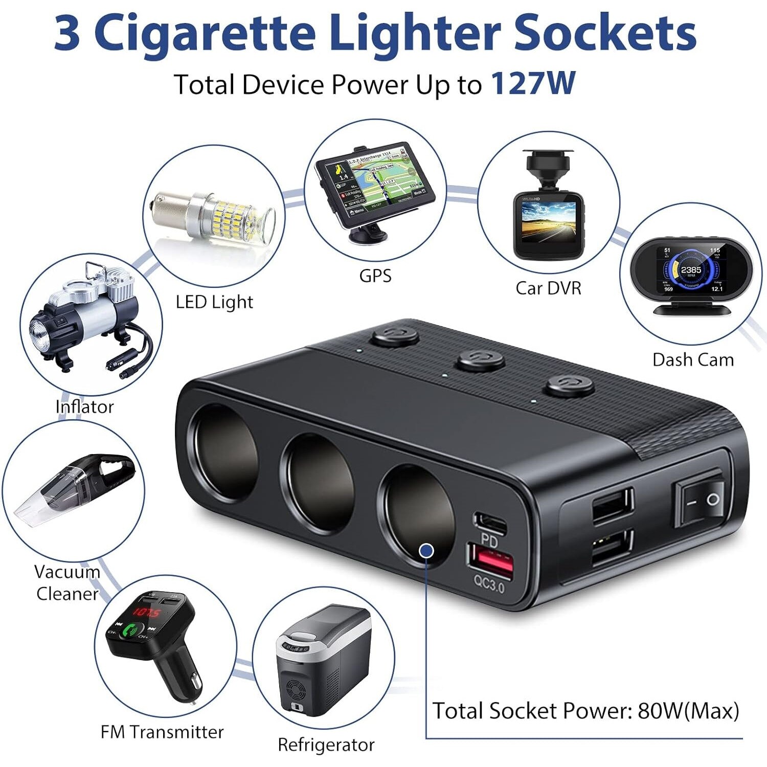 EEEKit Splitter Accendisigari Auto 7 In 1 | 127W Con 3 Prese 12V/24V E 4 USB (PD 30W, QC3.0) | Display LED Tensione E Interruttori Indipendenti