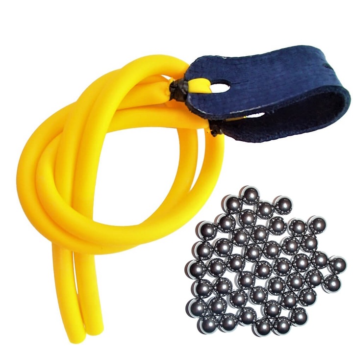 Sárga csúzli cső és 30 db 15 mm-es acélgolyó készlet