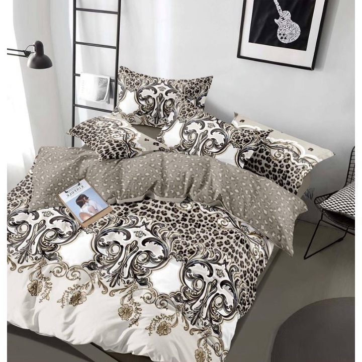 Спално бельо, Jojo Home, Абстрактен принт, M1, 6 части, 2 лица, 245x250см, Finet Superior, Бяло-Бежово