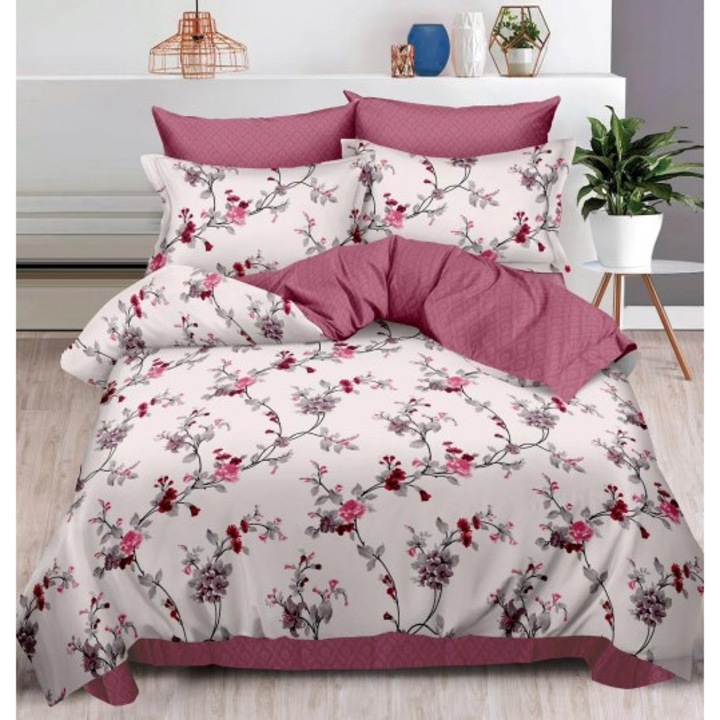 Lenjerie pat dublu, 6 piese, 2 persoane, 240x250cm, Material Bumbac Satinat, imprimeu Flori Roz Plamaniu