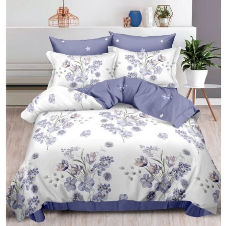 Lenjerie pat dublu, 6 piese, 2 persoane, 240x250cm, Material Bumbac Satinat, imprimeu Buchet Flori