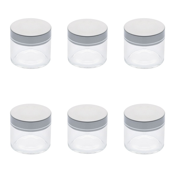 Set 6 borcane de sticla, cu capac din aluminiu, transparent/argintiu, 50ml, 5,5x5,5cm