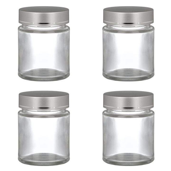Set 4 borcane de sticla, cu capac din aluminiu, transparent/argintiu, 100ml, 5,5x8cm
