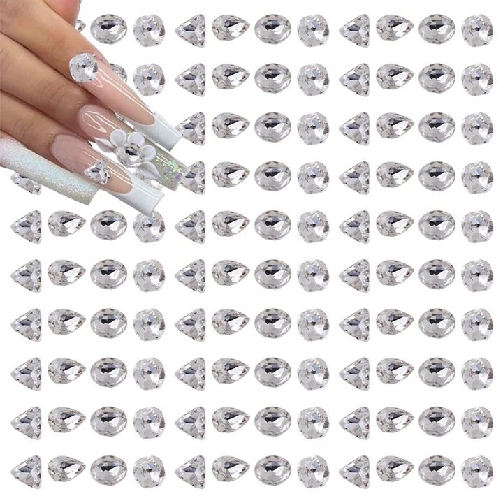 Комплект 200 броя кристали за нокти, QttvbTna, смесени форми, сребро, за декорация на ноктопластика