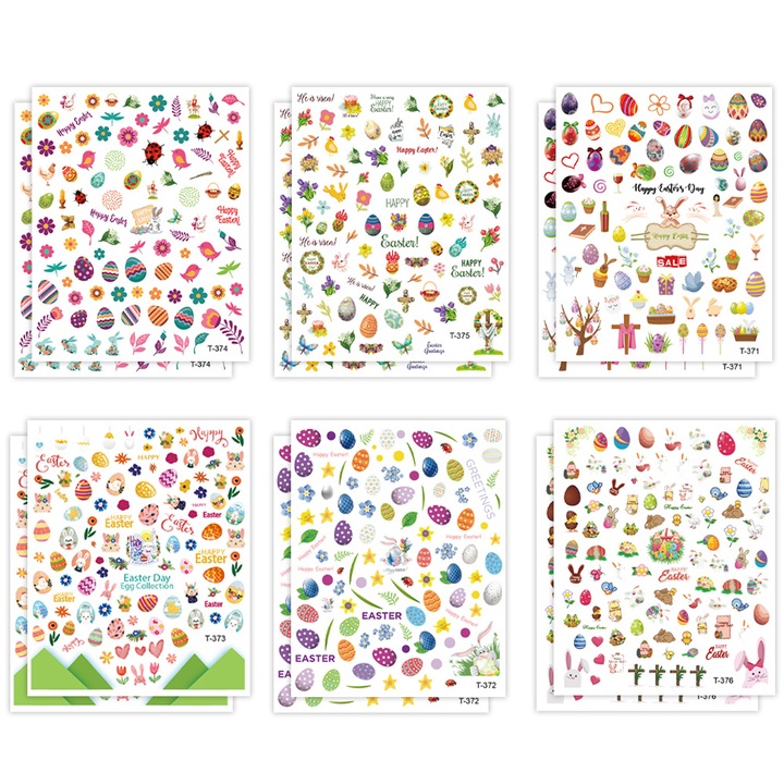 Комплект стикери за нокти QttvbTna, великденски шарки, екологични, многоцветни, 12 бр.