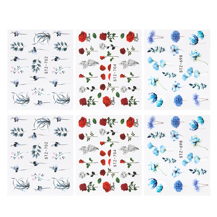 Set 6 stickere unghii HERUSI flori plante multicolor 6.4x5.2cm