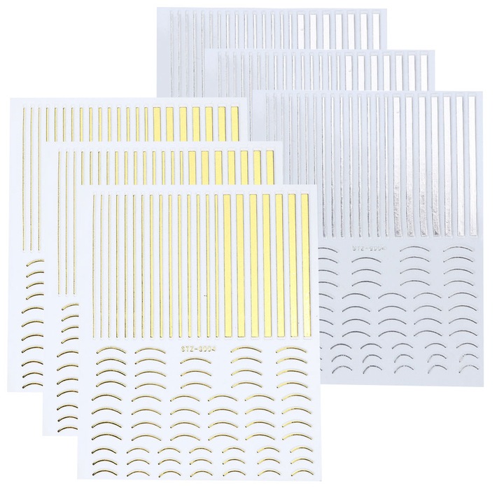 Комплект от 6 стикера за нокти QttvbTna, 3D модели, злато/сребро, 7x5x0.1см