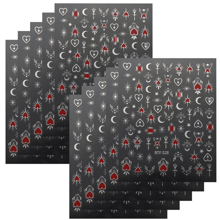 Комплект от 10 листа с 3D стикери за нокти, QttvbTna, астрални шарки, бяло/червено, 11x7см