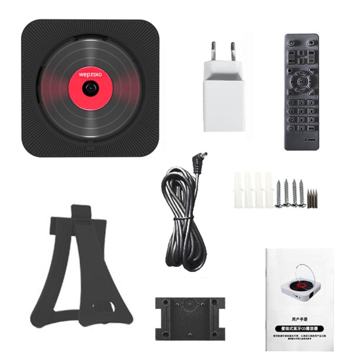 Wepzsxo többfunkciós hordozható CD lejátszó, Bluetooth, FM rádió, Beépített HiFi hangszóró, USB, MP3, Távirányítóval, Fekete