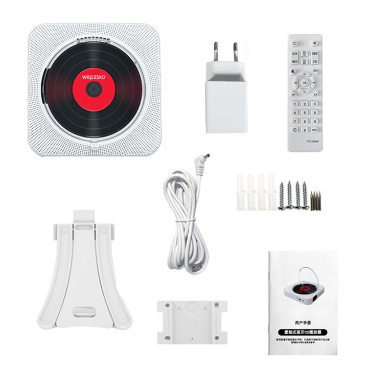 Wepzsxo Hordozható CD lejátszó, többfunkciós, Bluetooth, FM rádió, beépített HiFi hangszóró, USB, MP3, távirányítóval, fehér