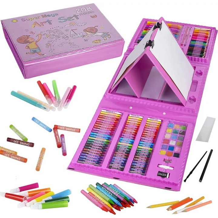 Set complet pentru pictura si desen format din 208 piese, Roz, Roz