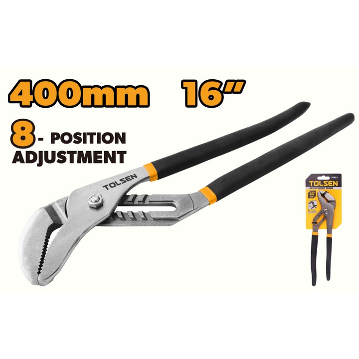 Cleste pentru tevi TOLSEN 400 mm (16"), 8 pozitii de reglare, Otel special forjat calit, Structura cu caneluri, Deschidere mare, Maner antiderapant bicolor, reglaj multipozitii pentru diverse diametre, otel special forjat tratat termic