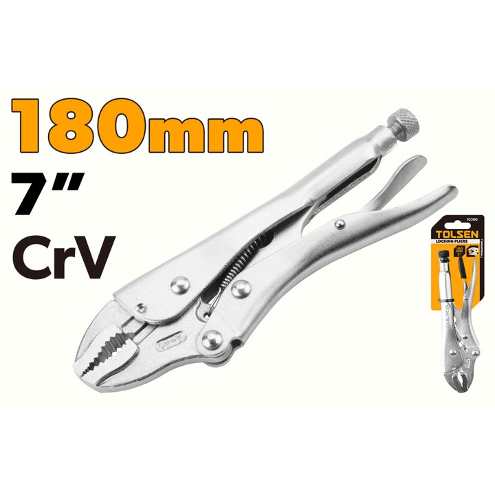 Cleste cu blocare TOLSEN 180 mm (7"), Cr-V, Suprafata nichelata, Deschidere reglabila, Maner imersat antiderapant, Constructie rezistenta, Uz industrial, mecanism de blocare pentru prindere stabila, otel Cr-V tratat termic duritate HRC52-56