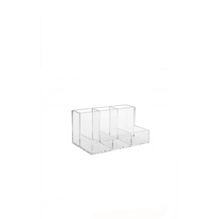 Organizator cosmetice cu 6 compartimente, 3 pozitii 6x4x10cm si 3 pozitii 6x4x3,5cm, transparent, acrilic, 20x12x10 cm