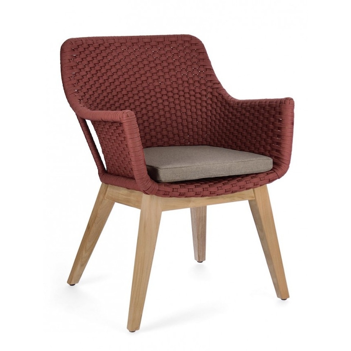 Комплект 2 кафяви дървени фотьойла Allison, Тапицерия от сив и червен плат, 46x46x82 см