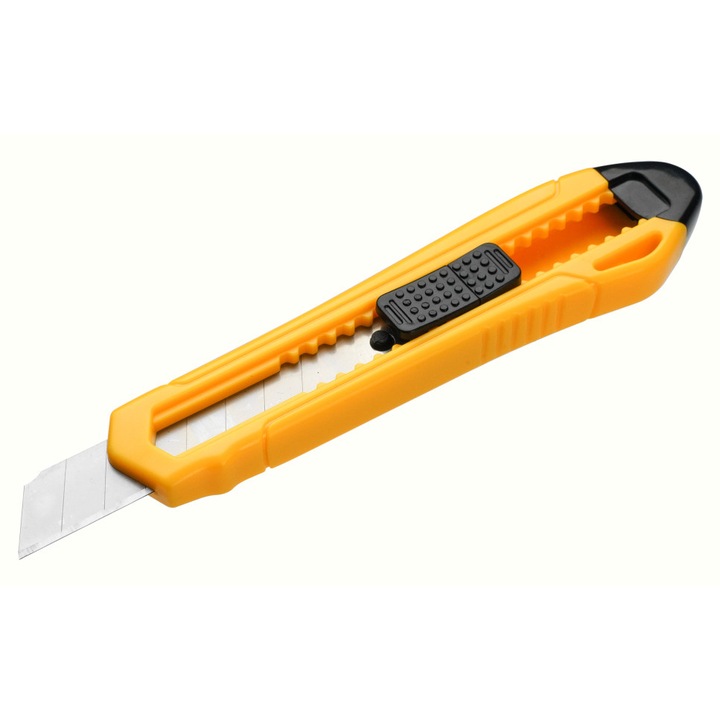 Cutter cu lama cu clic 18x100 mm, ABS, SK5, Tolsen, carcasa ABS rezistenta, material lama SK5 de inalta calitate, buton plat pentru blocare precisa, rezistenta la uzura si coroziune, ideal pentru taiere precisa carton, folie, etichete si plastic subtire