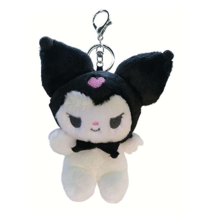 Jucarie de plus, Sanrio Kuromi, Hello Kitty, tip breloc, alb/negru, 12 cm