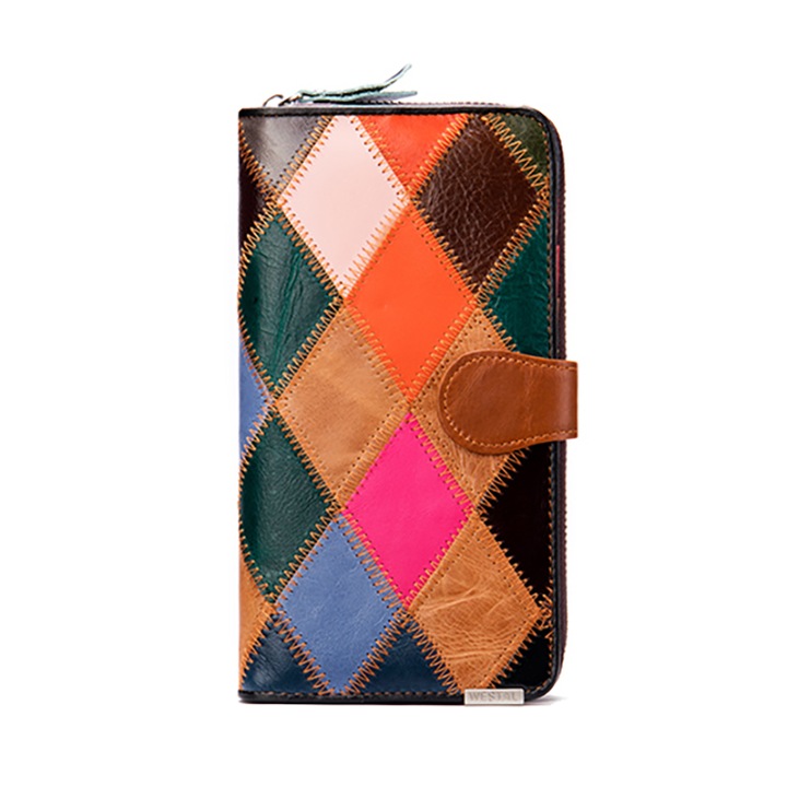 Portofel dama Delis, Bertha PT1156, piele naturala, model multicolor, 19 x 3 x 10 cm