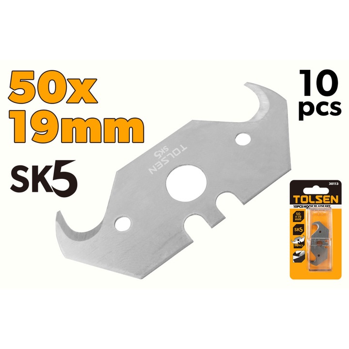 Set de 10 lame pentru cutter 50x190 mm, SK5, Tolsen, din otel SK5 tratat termic, rezistente la uzura si coroziune, compatibile cu cutterele trapezoidal mari, muchii ascutite de precizie, ideale pentru taiere carton gros, piele, materiale sintetice si covo