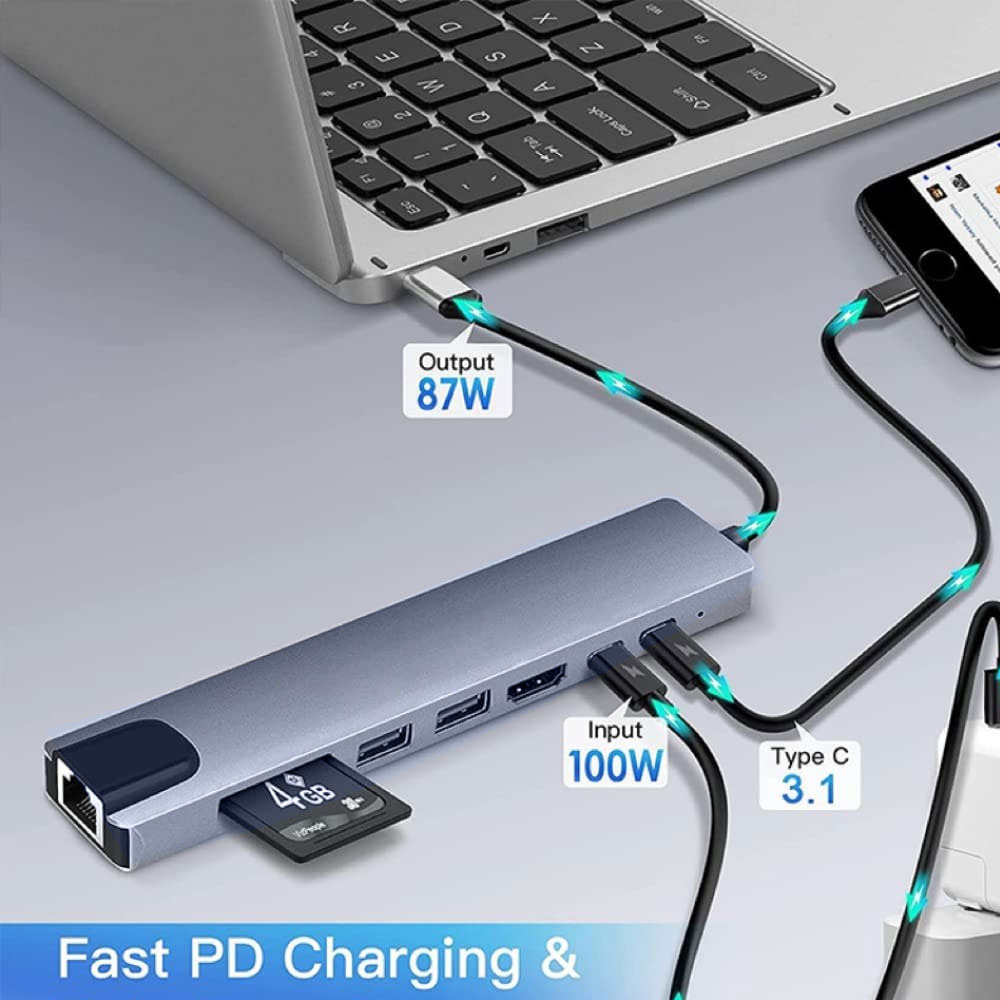 Hub USB C, Adaptor TypeC Multiport 8 in 1, Docking Station pentru