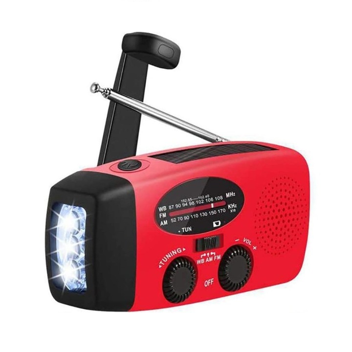 Haushalt International hordozható napelemes kemping rádió, természeti katasztrófákra, földrengésekre, viharokra, 4 töltési mód, power bank, 2000 mah Li-Ion akkumulátor, 1 W-os zseblámpa, IP X3, piros