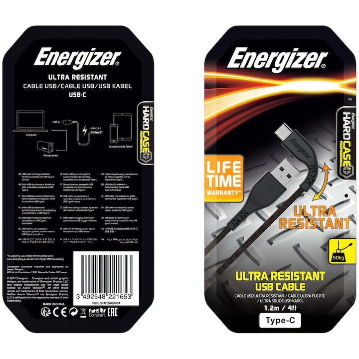Adat- és töltőkábel USB-A – USB-C Energizer LifeTime, 18 W, 1,2 m, fekete C41C2AGBKM