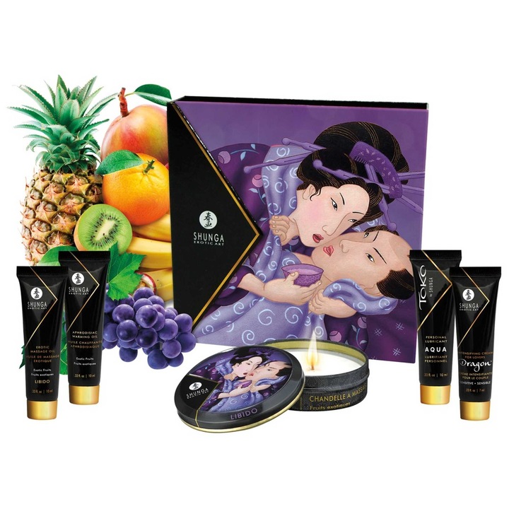 "Geisha's Secrets Fruits Exotic" ajándékkészlet, masszázsolaj 10 ml, afrodiziákum fűtőolaj 10 ml, gyertya, síkosító 10 ml, stimuláló gél 7 ml