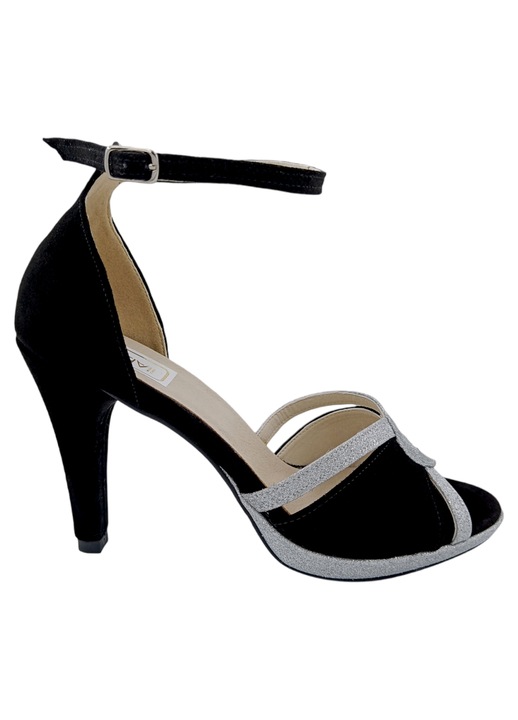 Sandale dama, piele naturala, toc cui inalt imbracat, platou, glitter argintiu, Negru