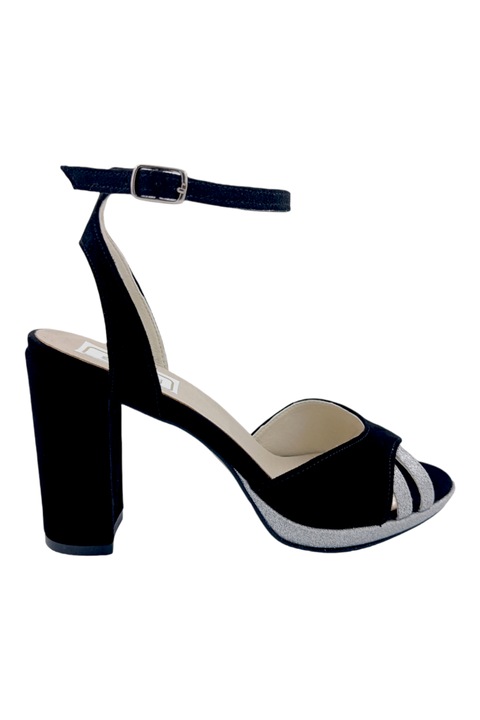 Sandale dama, piele naturala, toc inalt gros imbracat, platou, glitter argintiu, Negru