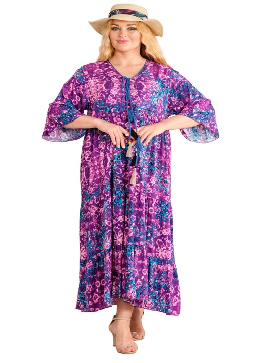 Rochie mov maxi boho chic cu imprimeuri florale albastre, Mov, One Size