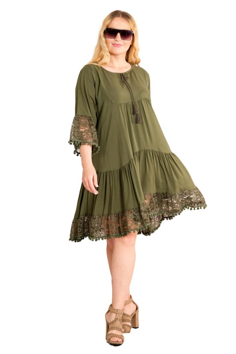 Бохо шик рокля в цвят каки с дантелена апликация и волани, Каки, One Size