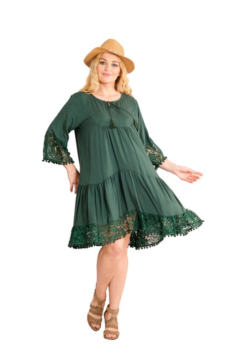 Бохо шик зелена рокля с дантелена апликация и волани, Зелен, One Size