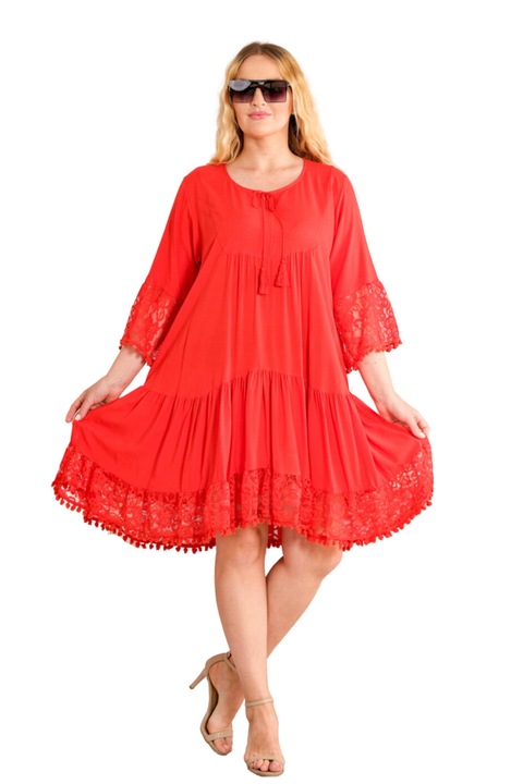 Бохо шик червена рокля с дантелена апликация и волани, Червен, One Size