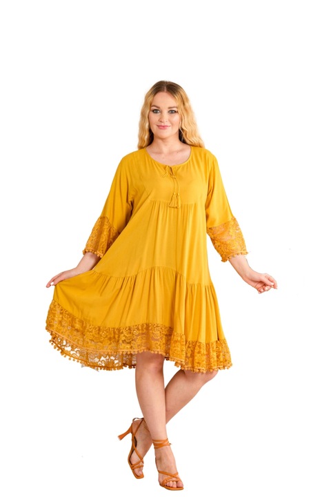 Жълта бохо шик рокля с дантелена апликация и волани, Жълт, One Size
