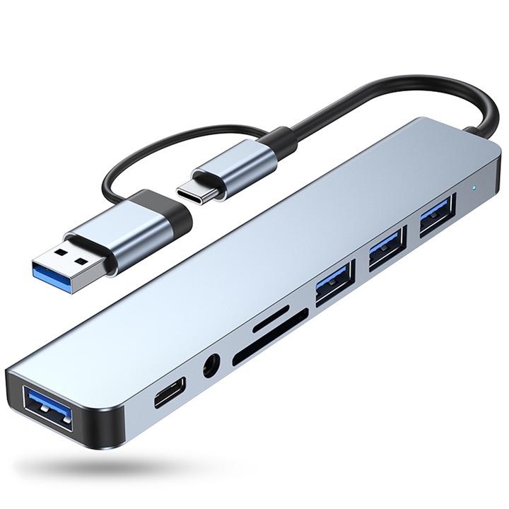 USB хъб 8 в 1, Type-C / USB 3.0, четец на карти TF/SD, жак 3,5 мм аудио порт, 640 Mbps, 5 Gbps, съвместим с MacBook лаптоп, компютър, алуминий, сребрист