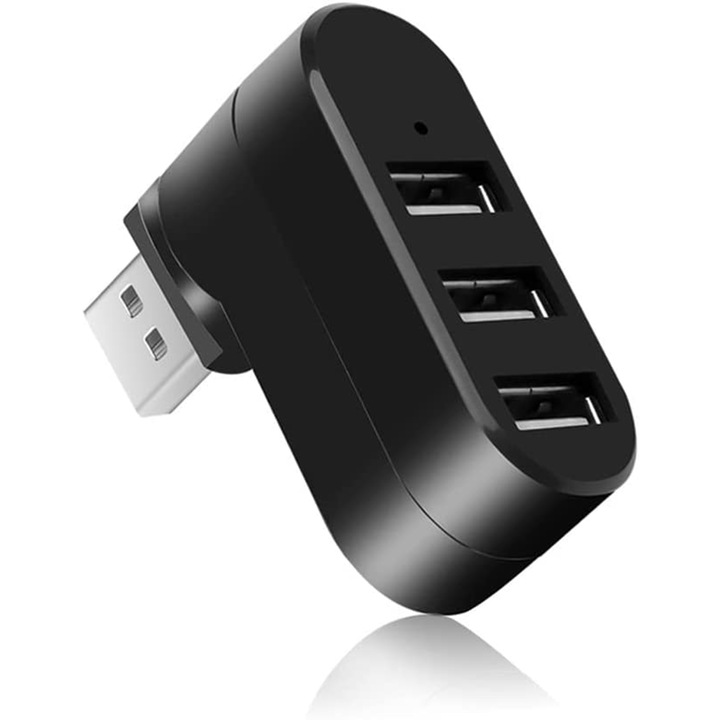 USB hub 3 az 1-ben, 180 fokban forgatható, 3 portos USB 3.0 adapter, splitter, kompatibilis laptopokkal, MacBook, PC, fekete