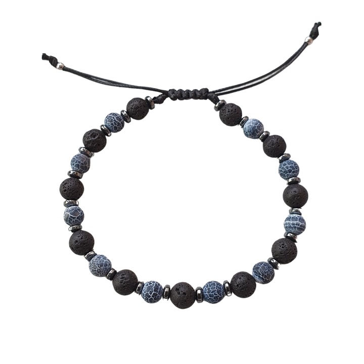 Állítható karkötő fekete lávakövekből, szürke fagyasztott achátból és hematitból, rozsdamentes acél gyöngyökkel