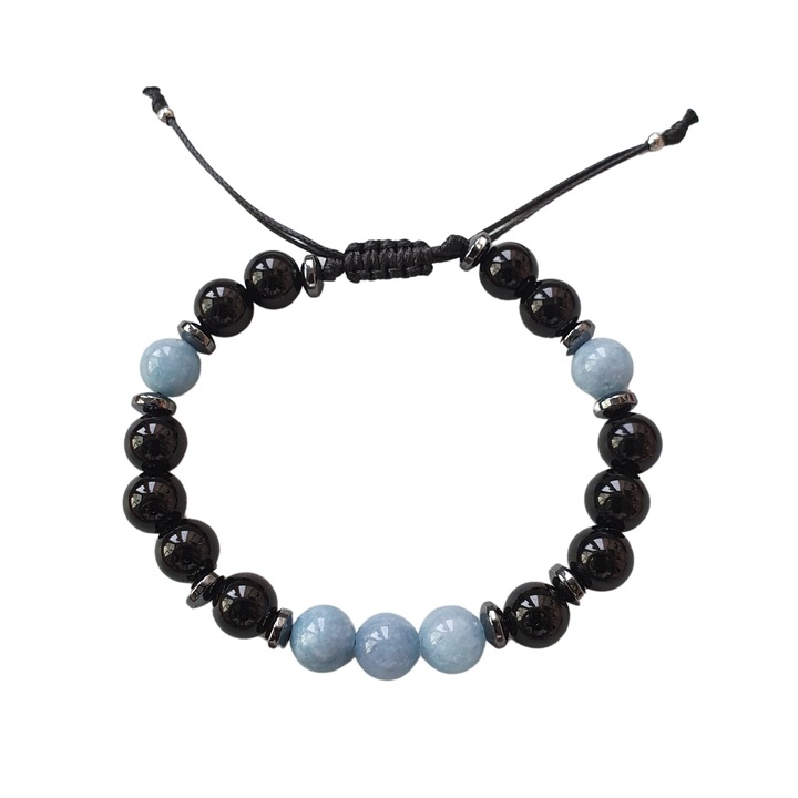 Bratara reglabila din pietre de onix, jad bleu si hematit cu bilute din inox
