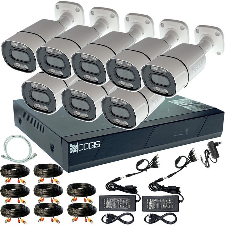 Kit Supraveghere 8 Camere 5MP (2K+) Color Noaptea 30m Microfon exterior, 1920P, extensibil la 16, Complet, acces mobil, noapte/zi, OOGIS™ K5MX8ECC