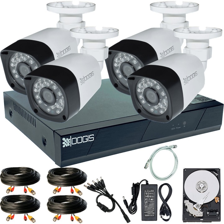 Kit Supraveghere OOGIS™ K5MN4BR-05 cu 4 Camere 5MP (2K) IR 20m exterior, Complet 1920N + HDD500GB-R, acces mobil, noapte/zi