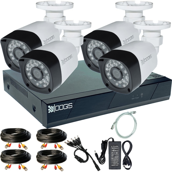 Kit Supraveghere OOGIS™ K5MN4BR cu 4 Camere 5MP (2K) IR 20m exterior, Complet 1920N, acces mobil, noapte/zi
