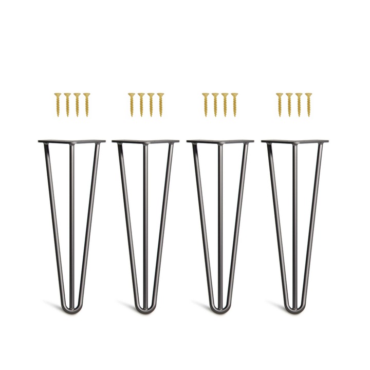 Set 4 picioare mobilier Hairpin, vopsite electrostatic, inaltime 30 cm, 3 brate, profil diametru 12 mm, otel, negru mat, kit montaj