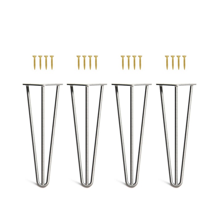Set 4 picioare mobilier Hairpin, inaltime 30 cm, 3 brate, profil diametru 12 mm, otel, nevopsite, kit montaj