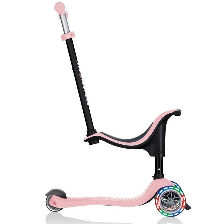 Trotineta 3 in 1 Globber Go-Up Sporty Roz Pastel, roti Led, scaun, maner parinte, ghidon reglabil, greutate admisa 50 kg