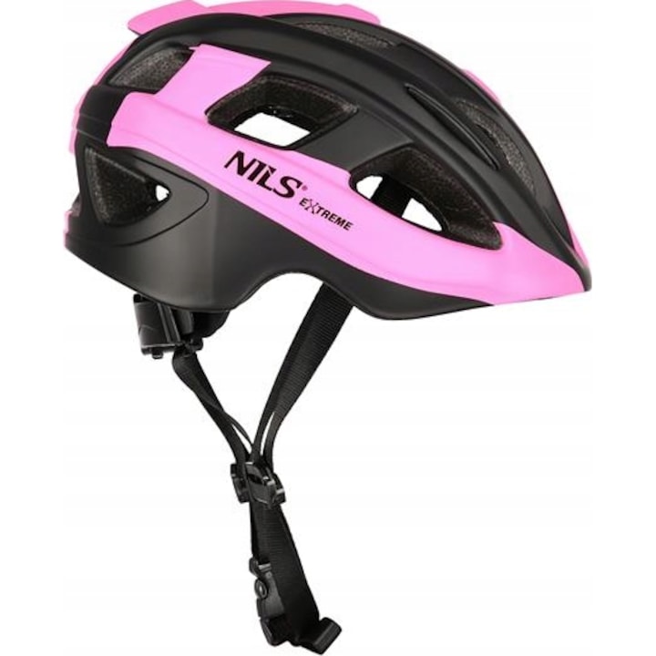 Детска велосипедна каска Nils Extreme, Поликарбонат, Черен\Розов, S